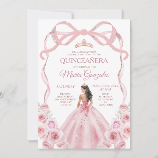 Roze Rose Gouden Kroon Bow Prinses Meisje Quinceañ Kaart (Voorkant)