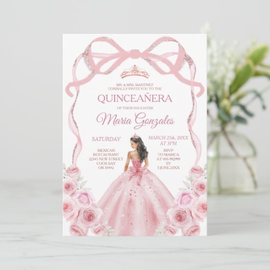Roze Rose Gouden Kroon Bow Prinses Meisje Quinceañ Kaart (Staand voorkant)