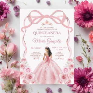 Roze Rose Gouden Kroon Bow Prinses Meisje Quinceañ Kaart