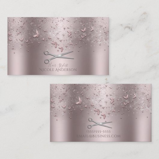 Roze Rose Gouden Vlinders Zilveren Schaar Stylist Visitekaartje (Voorkant / Achterkant)
