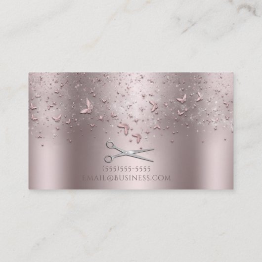 Roze Rose Gouden Vlinders Zilveren Schaar Stylist Visitekaartje (Achterkant)