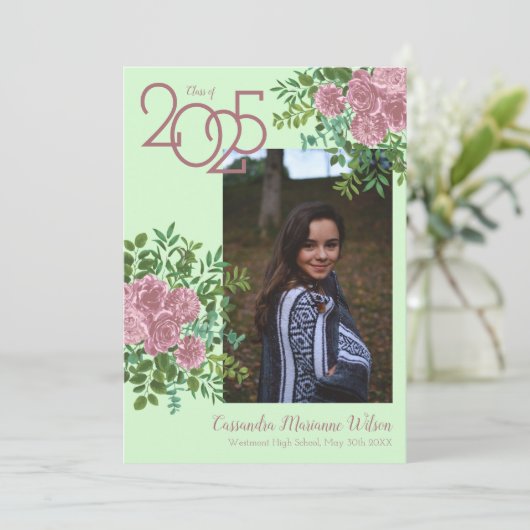Roze Rose Gr Foto Afstuderen Aankondiging (Staand voorkant)