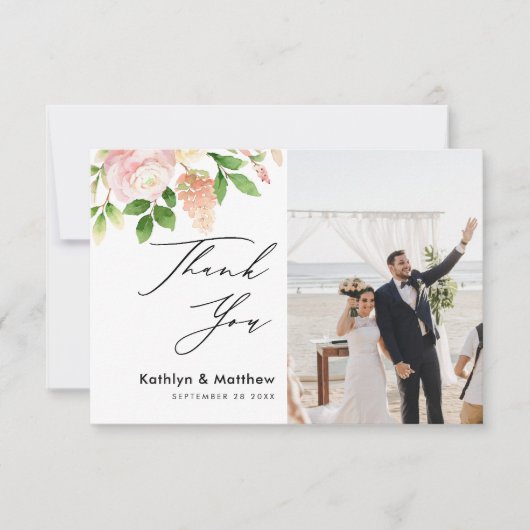 Roze Rose Greenery Elegant Script Hartelijk dank Kaart (Voorkant)