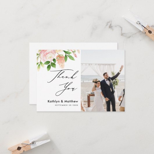 Roze Rose Greenery Elegant Script Hartelijk dank Kaart (Voorkant / Achterkant in situ)