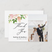 Roze Rose Greenery Elegant Script Photo Weddenscha Bedankkaart (Voorkant / Achterkant)