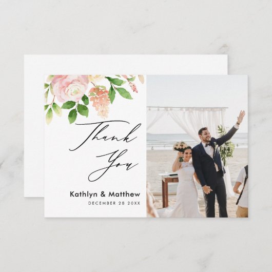 Roze Rose Greenery Elegant Script Photo Weddenscha Bedankkaart (Voorkant / Achterkant)