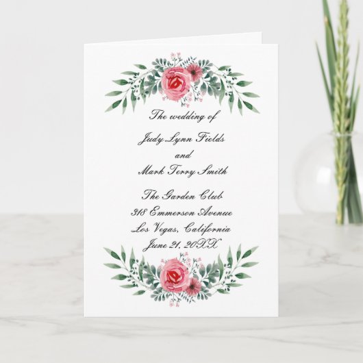Roze Rose Greenery Foliage Wedding Program Kaart (Voorkant)