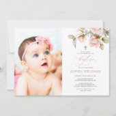 Roze Rose & Greenery Foto Baptisme Uitnodiging (Voorkant)