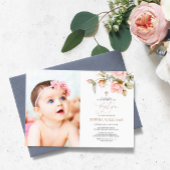 Roze Rose & Greenery Foto Baptisme Uitnodiging