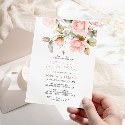Roze Rose & Greenery Leaves Dedication Invitation Kaart