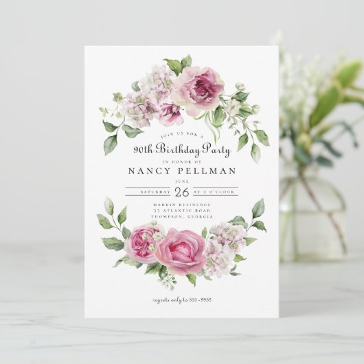 Roze Rose Groen Bloemenboog 90ste Verjaardagsfeest Kaart (Staand voorkant)