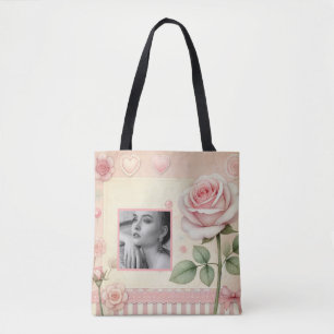  roze rose harten bloemenfoto waterverf tote bag