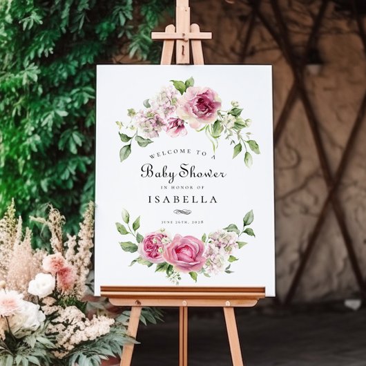 Roze Rose Hydrangea Bloemenboog Meisje Baby shower Poster
