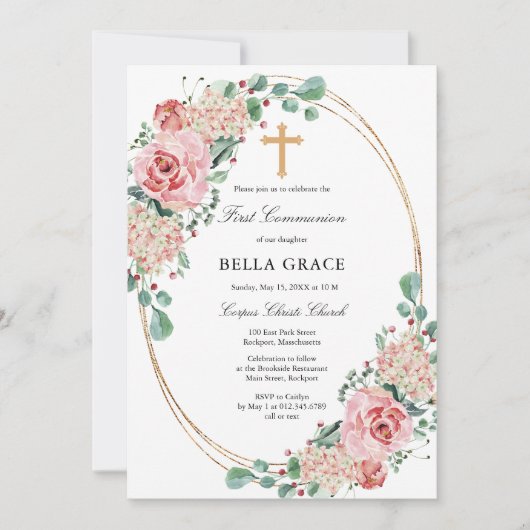 Roze Rose Hydrangea Eerste Heilige Communie Kaart (Voorkant)
