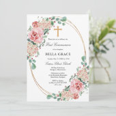 Roze Rose Hydrangea Eerste Heilige Communie Kaart (Staand voorkant)