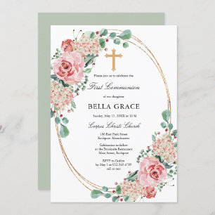 Roze Rose Hydrangea Eerste Heilige Communie Kaart