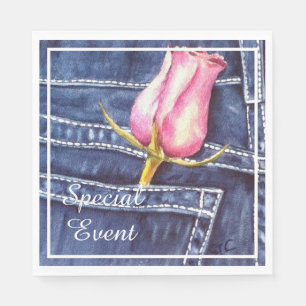 Roze Rose in Denim Pocket Party Servet