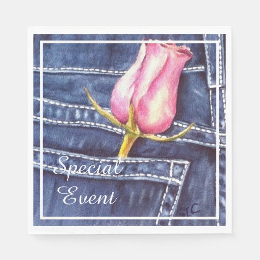 Roze Rose in Denim Pocket Party Servet (Voorkant)