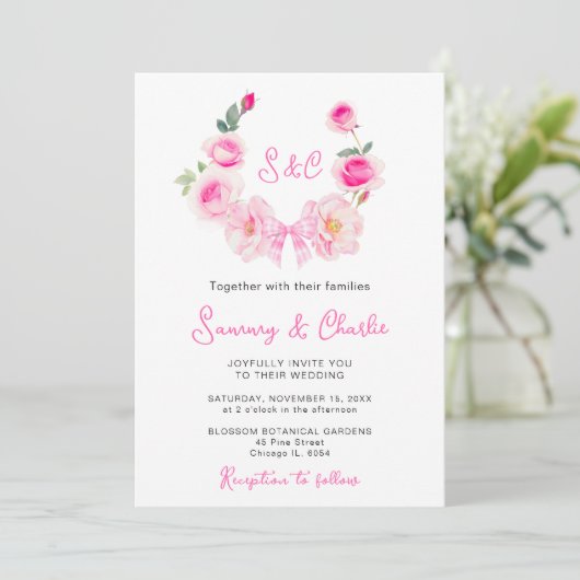 Roze Rose Krans Coquette Bow Wedding Kaart (Staand voorkant)