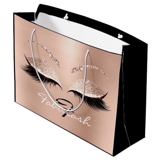 Roze Rose Lash Blush Makeup Glitter Name Monogram Groot Cadeauzakje (Achterkant Gekanteld)