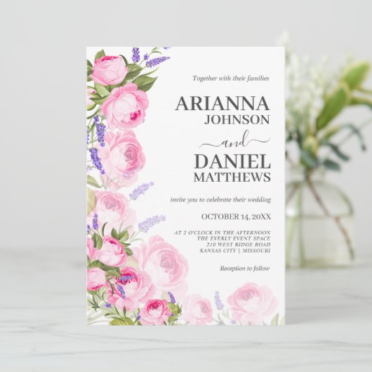Roze Rose & Lavender Floral Invitation Kaart (Staand voorkant)