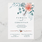 Roze Rose, Lichtgroene Winter Bladeren Huwelijk Folie Uitnodiging (Voorkant)