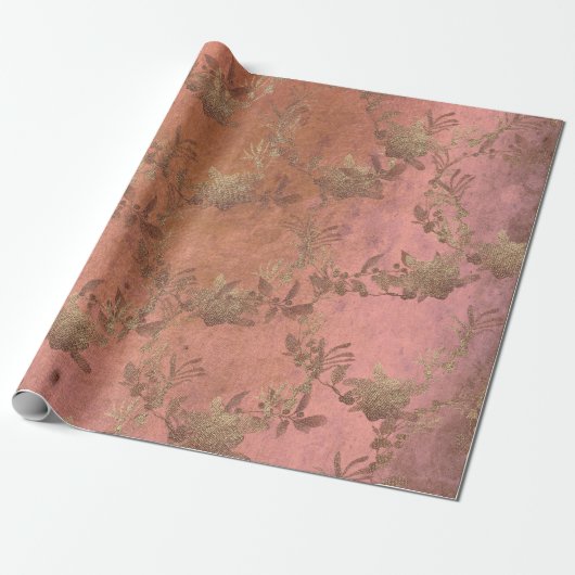 Roze Rose Lila Grungy Old Gold Wreatinineketels Cadeaupapier (Uitgerold)