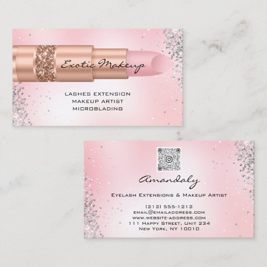 Roze Rose Make-up Glitter Lipstick Logo QR Code Visitekaartje (Voorkant / Achterkant)