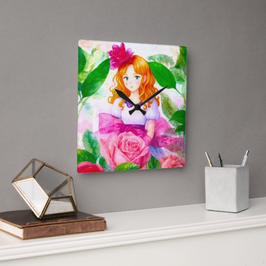 Roze Rose Meisje Vierkante Klok (Kantoor)