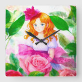 Roze Rose Meisje Vierkante Klok (Voorkant)