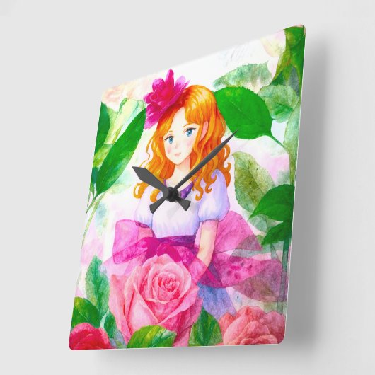 Roze Rose Meisje Vierkante Klok (Hoek)