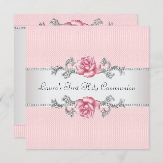 Roze Rose Meisjes Eerste Communie Kaart (Voorkant / Achterkant)