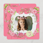 Roze Rose Meisjes Foto 3e Verjaardagsfeest Kaart (Voorkant / Achterkant)