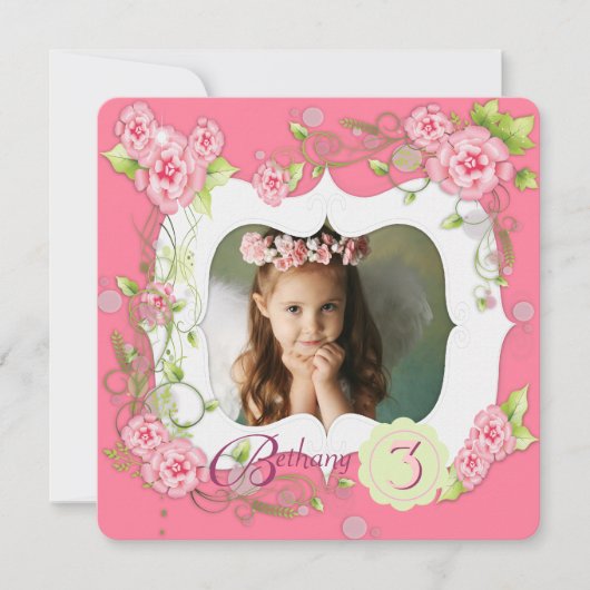 Roze Rose Meisjes Foto 3e Verjaardagsfeest Kaart (Voorkant)