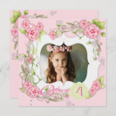Roze Rose Meisjes Foto 4e Verjaardagsfeest Kaart (Voorkant / Achterkant)