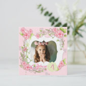 Roze Rose Meisjes Foto 4e Verjaardagsfeest Kaart (Staand voorkant)