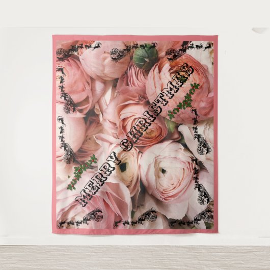 Roze Rose Merry kerst Wandkleed (Voorkant)
