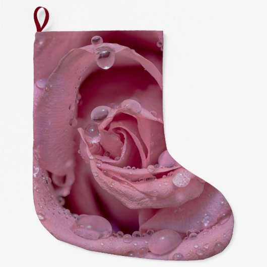 Roze Rose met Dewdruppels Grote Kerstsok (Voorkant)