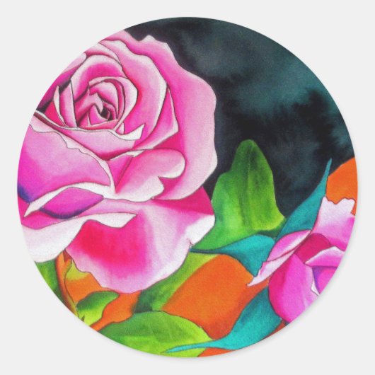 Roze Rose met oranje trouwkunst Ronde Sticker (Voorkant)