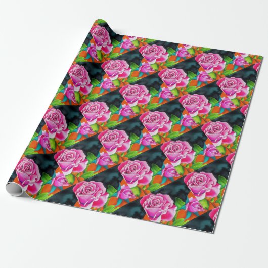 Roze Rose met oranje waterverf kunst Cadeaupapier (Uitgerold)