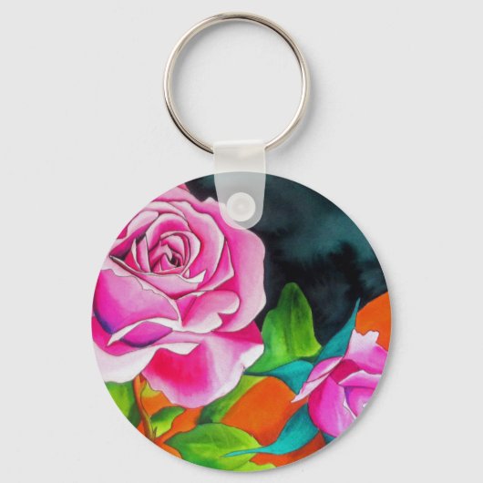 Roze Rose met oranje waterverf kunst Sleutelhanger (Voorkant)