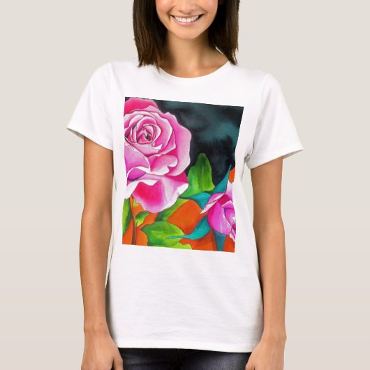 Roze Rose met oranje waterverf kunst T-shirt (Voorkant)