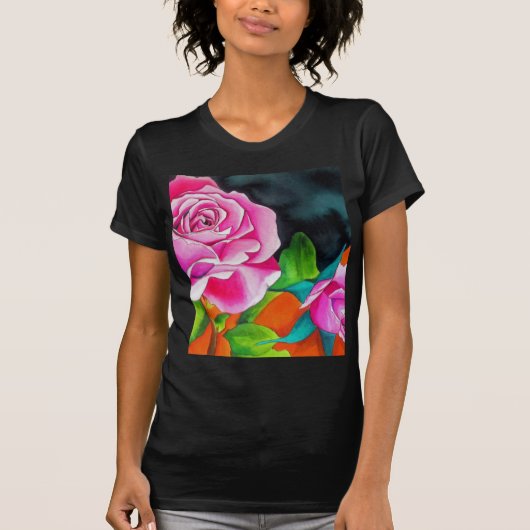 Roze Rose met oranje waterverf kunst T-shirt (Voorkant)