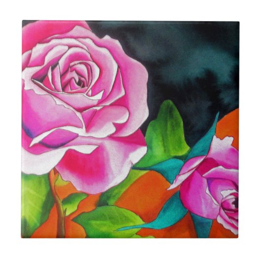 Roze Rose met oranje waterverf kunst Tegeltje (Voorkant)