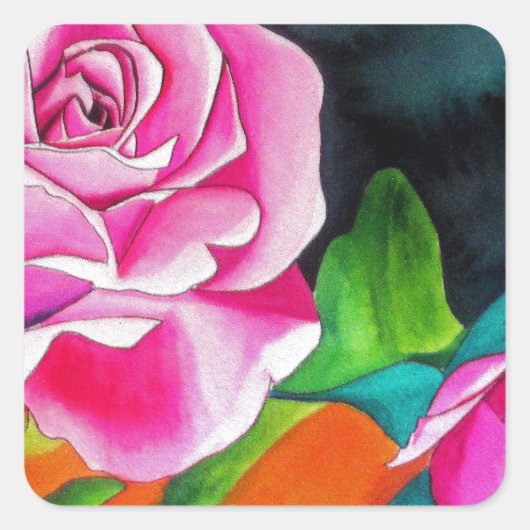 Roze Rose met oranje waterverf kunst Vierkante Sticker (Voorkant)