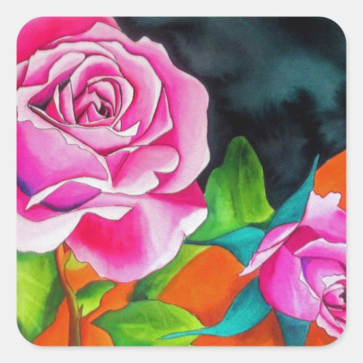 Roze Rose met oranje waterverf kunst Vierkante Sticker (Voorkant)