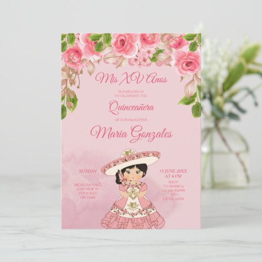 Roze Rose Mexican Mis Quince Uitnodiging (Staand voorkant)