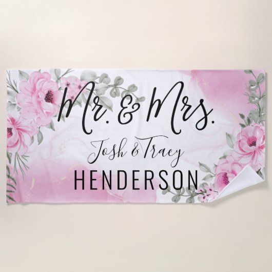 Roze Rose Mr. & Mrs Wedding of Jubileum Gift Strandlaken (Voorkant)