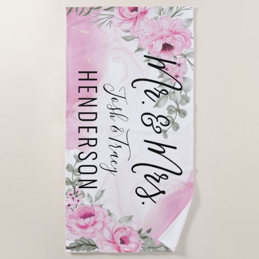 Roze Rose Mr. & Mrs Wedding of Jubileum Gift Strandlaken (Voorkant)