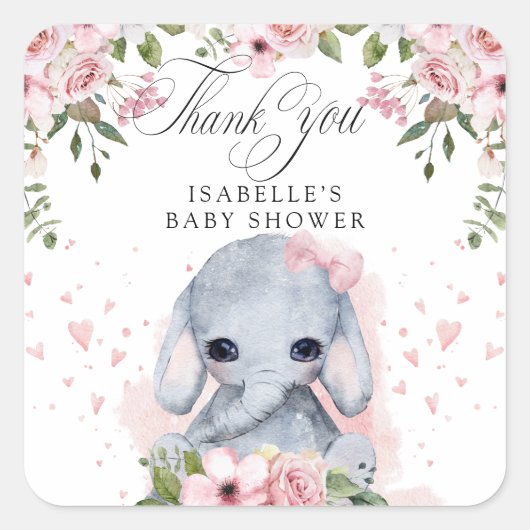 Roze Rose Olifant Baby shower Dank u Vierkante Sticker (Voorkant)